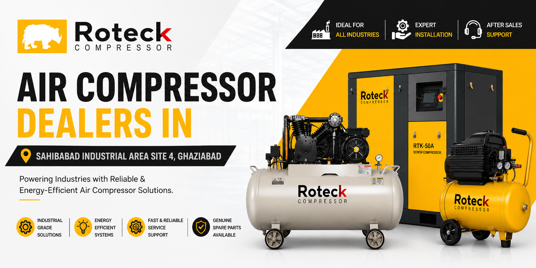 Popular Air Compressor Dealers in Sahibabad Industrial Area Site 4, Ghaziabad | Roteck Compressor
